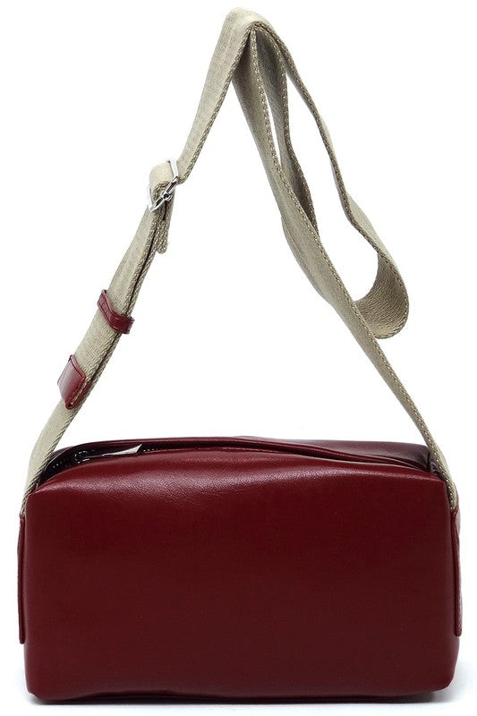 Wide Guitar Strap Boxy Crossbody Bag Faux Vegan Leather Zip Top Closure