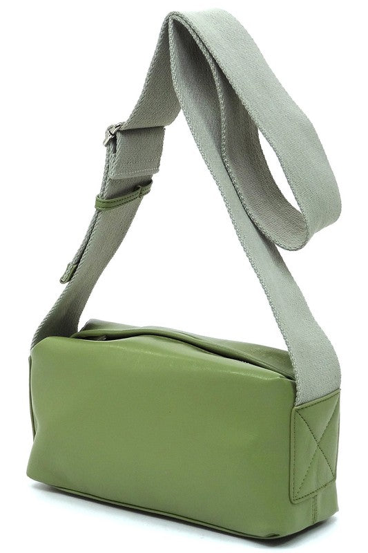 Wide Guitar Strap Boxy Crossbody Bag Faux Vegan Leather Zip Top Closure