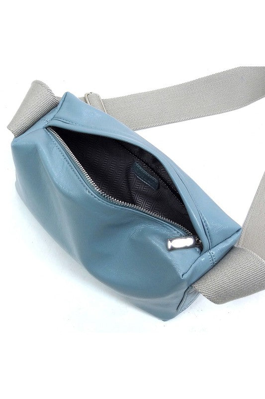 Wide Guitar Strap Boxy Crossbody Bag Faux Vegan Leather Zip Top Closure