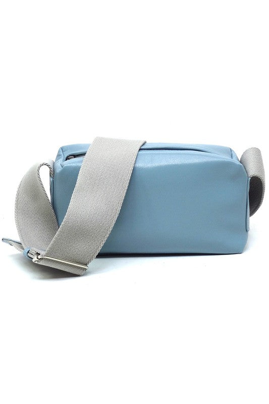 Wide Guitar Strap Boxy Crossbody Bag Faux Vegan Leather Zip Top Closure