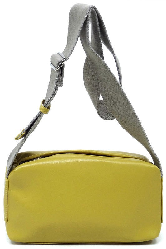 Wide Guitar Strap Boxy Crossbody Bag Faux Vegan Leather Zip Top Closure
