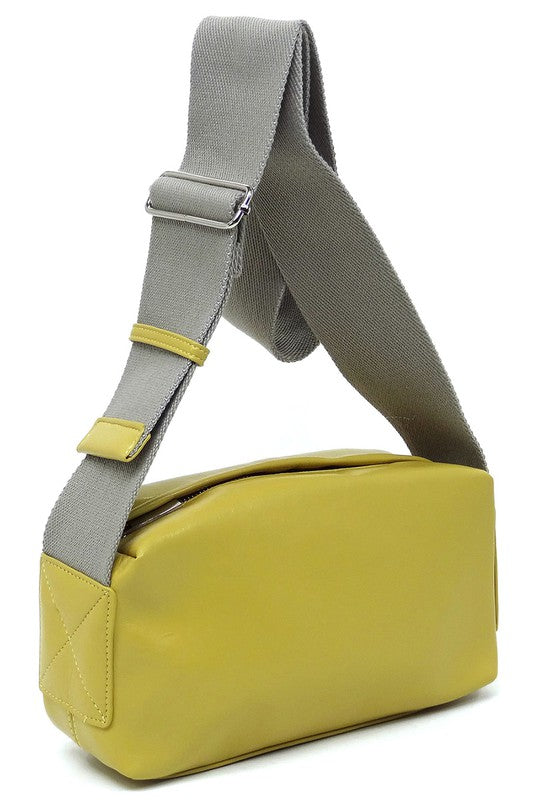 Wide Guitar Strap Boxy Crossbody Bag Faux Vegan Leather Zip Top Closure