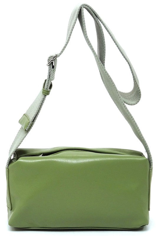 Wide Guitar Strap Boxy Crossbody Bag Faux Vegan Leather Zip Top Closure