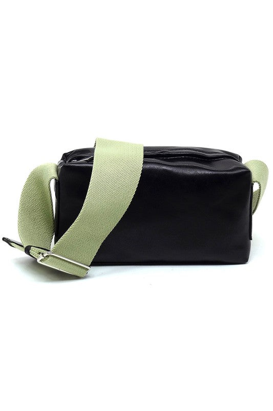 Wide Guitar Strap Boxy Crossbody Bag Faux Vegan Leather Zip Top Closure