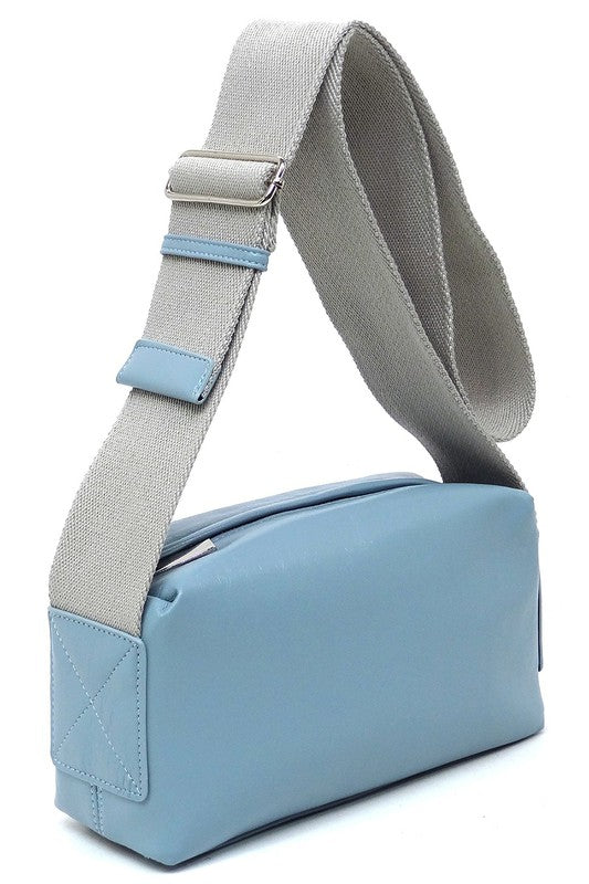 Wide Guitar Strap Boxy Crossbody Bag Faux Vegan Leather Zip Top Closure