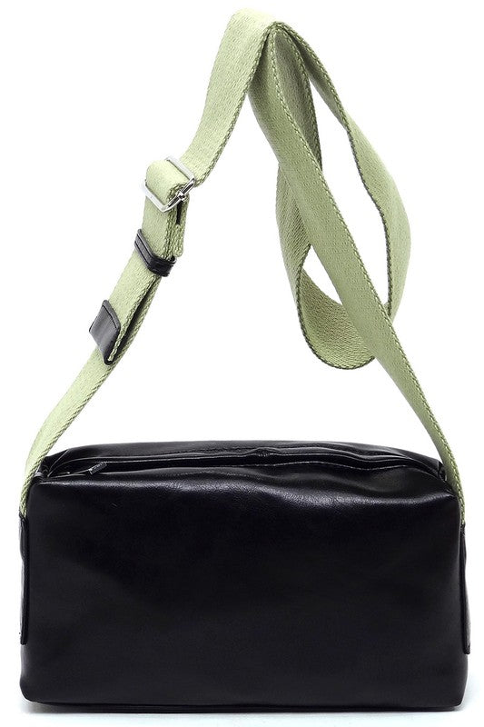Wide Guitar Strap Boxy Crossbody Bag Faux Vegan Leather Zip Top Closure