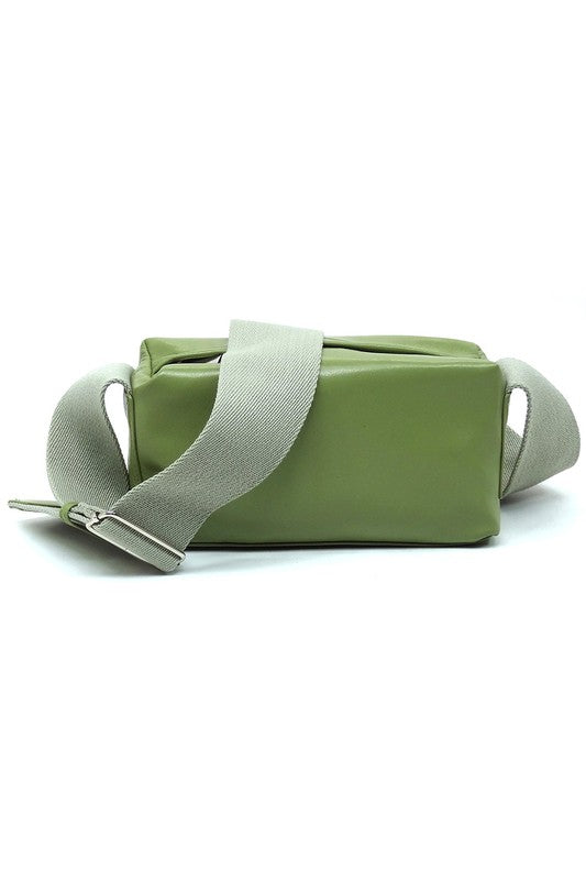 Wide Guitar Strap Boxy Crossbody Bag Faux Vegan Leather Zip Top Closure