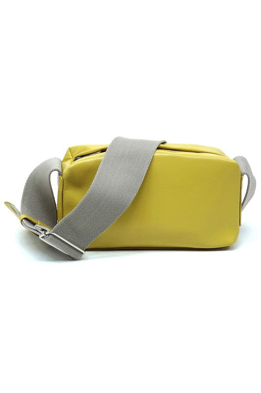 Wide Guitar Strap Boxy Crossbody Bag Faux Vegan Leather Zip Top Closure