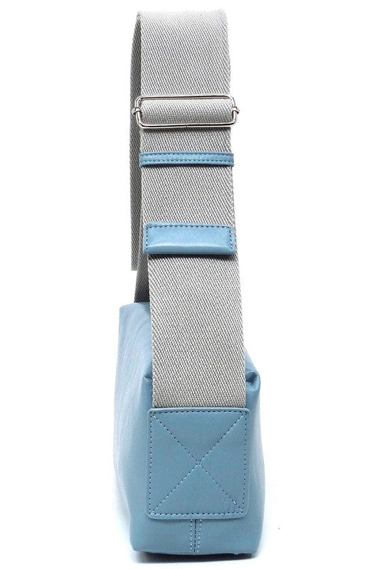 Wide Guitar Strap Boxy Crossbody Bag Faux Vegan Leather Zip Top Closure