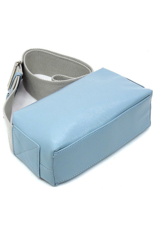 Wide Guitar Strap Boxy Crossbody Bag Faux Vegan Leather Zip Top Closure