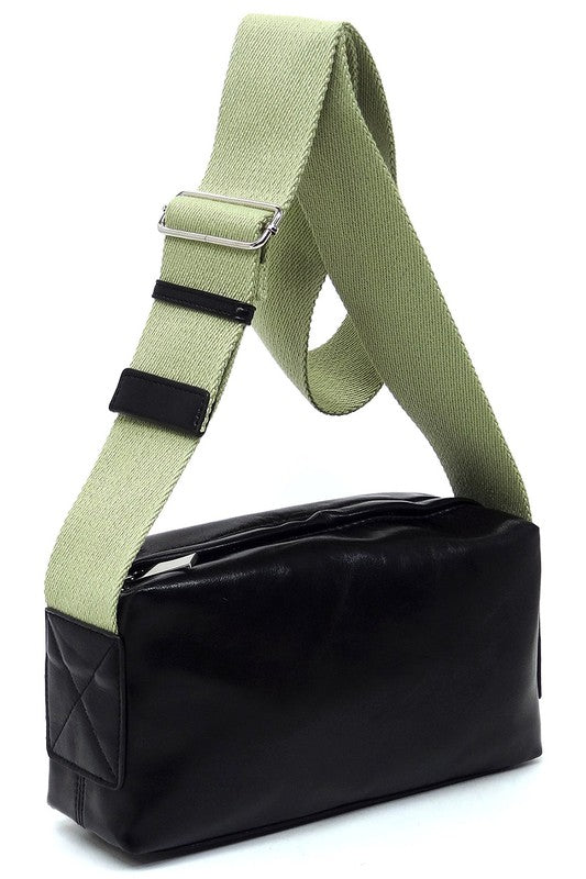 Wide Guitar Strap Boxy Crossbody Bag Faux Vegan Leather Zip Top Closure