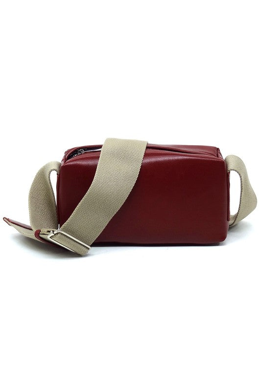Wide Guitar Strap Boxy Crossbody Bag Faux Vegan Leather Zip Top Closure