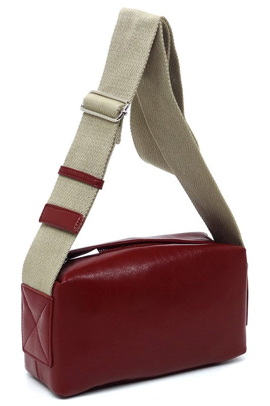 Wide Guitar Strap Boxy Crossbody Bag Faux Vegan Leather Zip Top Closure