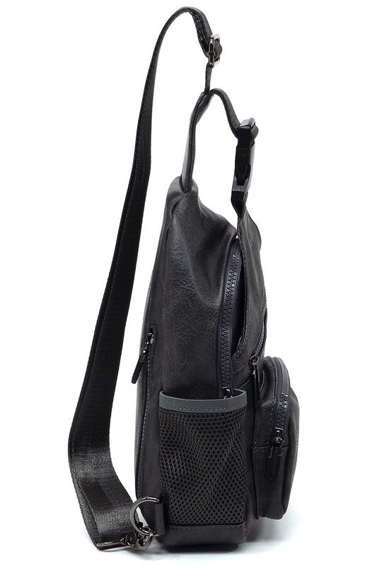 Vegan Leather Sling Bag Zip Top Closure Adjustable Strap Gun Metal Hardware
