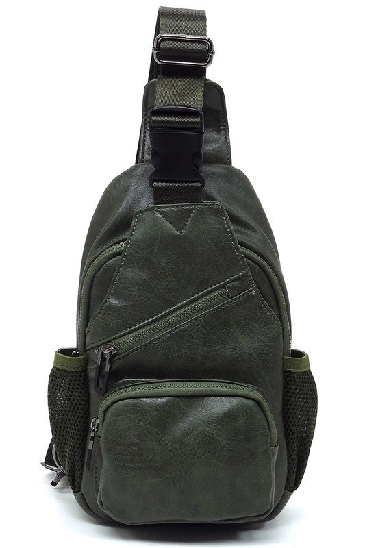 Vegan Leather Sling Bag Zip Top Closure Adjustable Strap Gun Metal Hardware