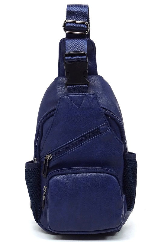Vegan Leather Sling Bag Zip Top Closure Adjustable Strap Gun Metal Hardware