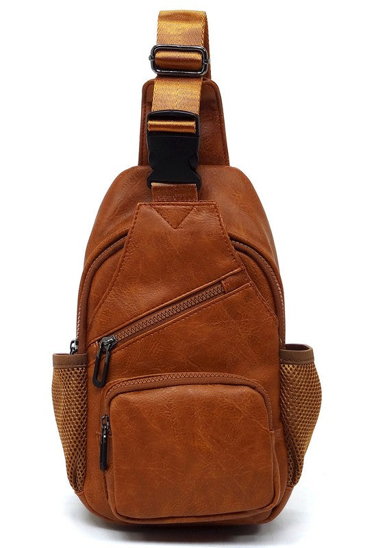 Vegan Leather Sling Bag Zip Top Closure Adjustable Strap Gun Metal Hardware