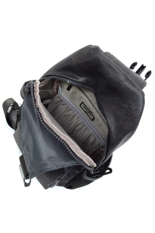 Vegan Leather Sling Bag Zip Top Closure Adjustable Strap Gun Metal Hardware