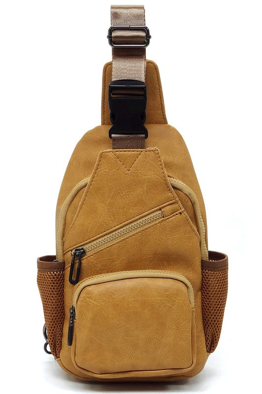 Vegan Leather Sling Bag Zip Top Closure Adjustable Strap Gun Metal Hardware