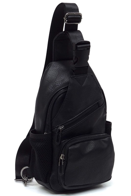 Vegan Leather Sling Bag Zip Top Closure Adjustable Strap Gun Metal Hardware