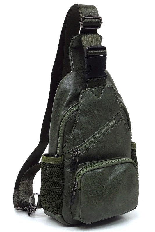 Vegan Leather Sling Bag Zip Top Closure Adjustable Strap Gun Metal Hardware