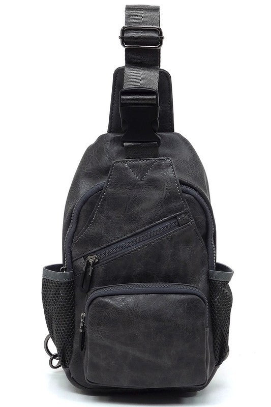 Vegan Leather Sling Bag Zip Top Closure Adjustable Strap Gun Metal Hardware
