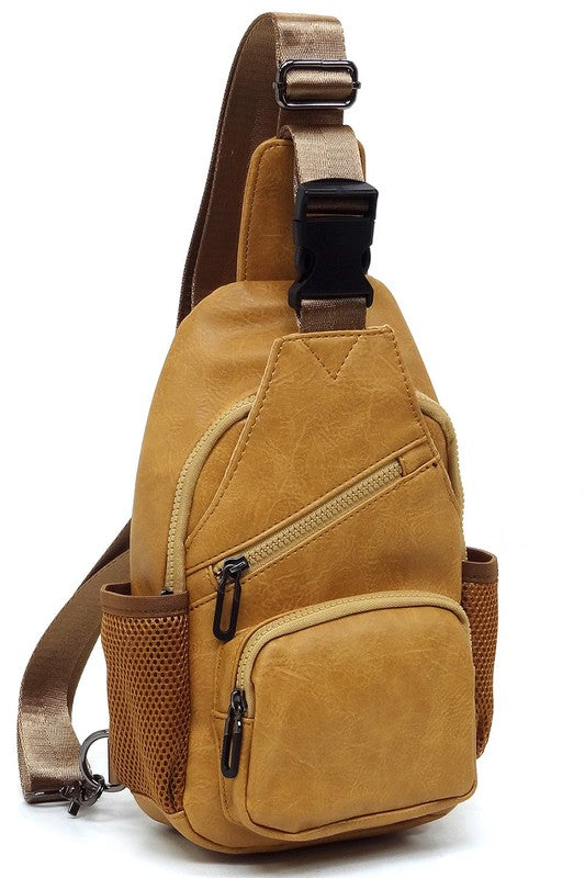 Vegan Leather Sling Bag Zip Top Closure Adjustable Strap Gun Metal Hardware