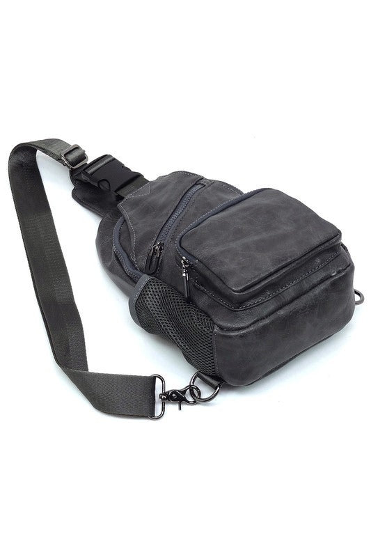 Vegan Leather Sling Bag Zip Top Closure Adjustable Strap Gun Metal Hardware