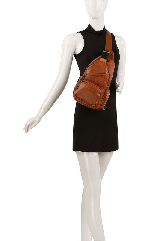 Vegan Leather Sling Bag Zip Top Closure Adjustable Strap Gun Metal Hardware