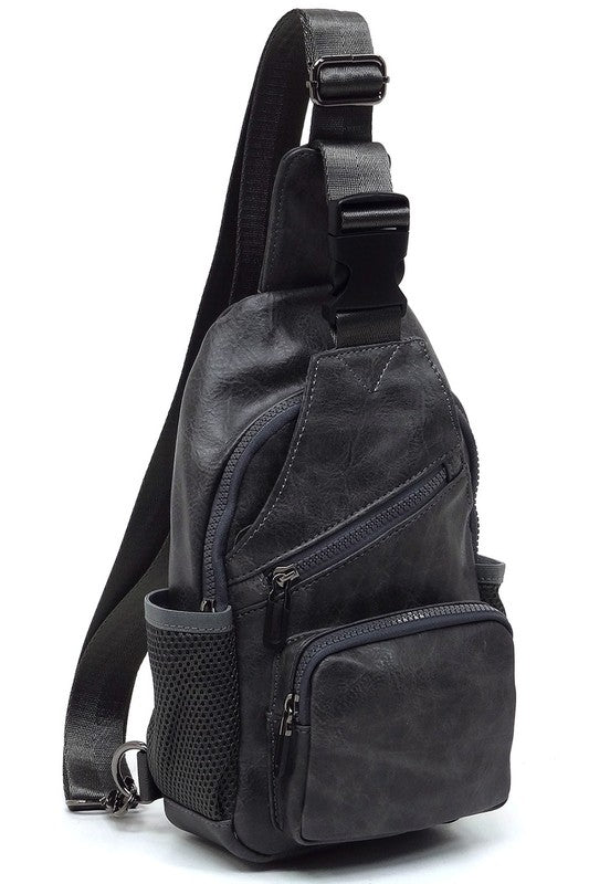 Vegan Leather Sling Bag Zip Top Closure Adjustable Strap Gun Metal Hardware