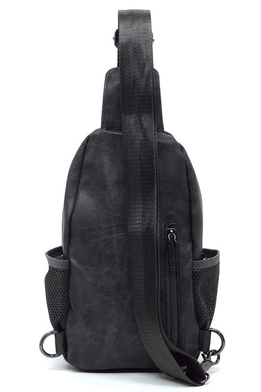 Vegan Leather Sling Bag Zip Top Closure Adjustable Strap Gun Metal Hardware