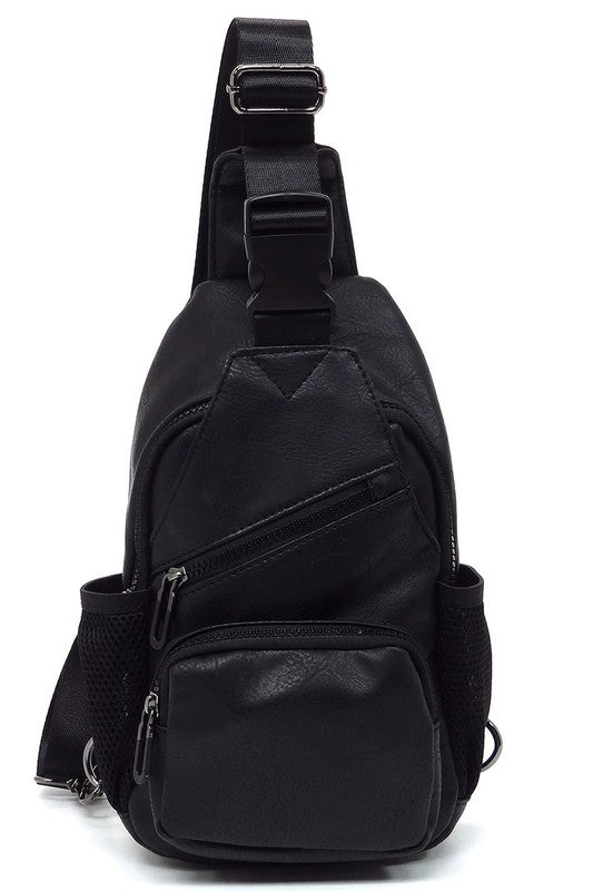 Vegan Leather Sling Bag Zip Top Closure Adjustable Strap Gun Metal Hardware
