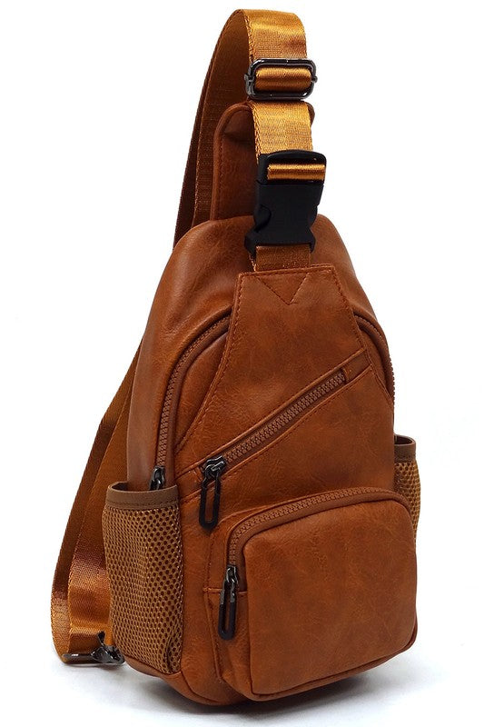 Vegan Leather Sling Bag Zip Top Closure Adjustable Strap Gun Metal Hardware