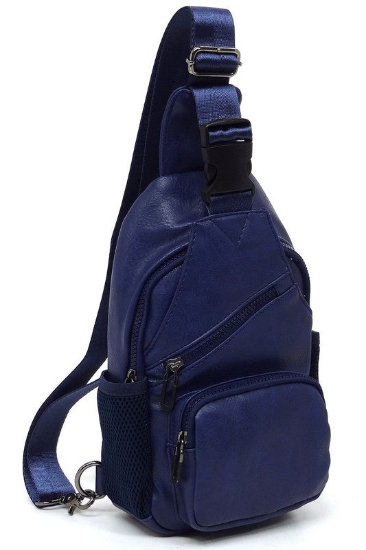 Vegan Leather Sling Bag Zip Top Closure Adjustable Strap Gun Metal Hardware