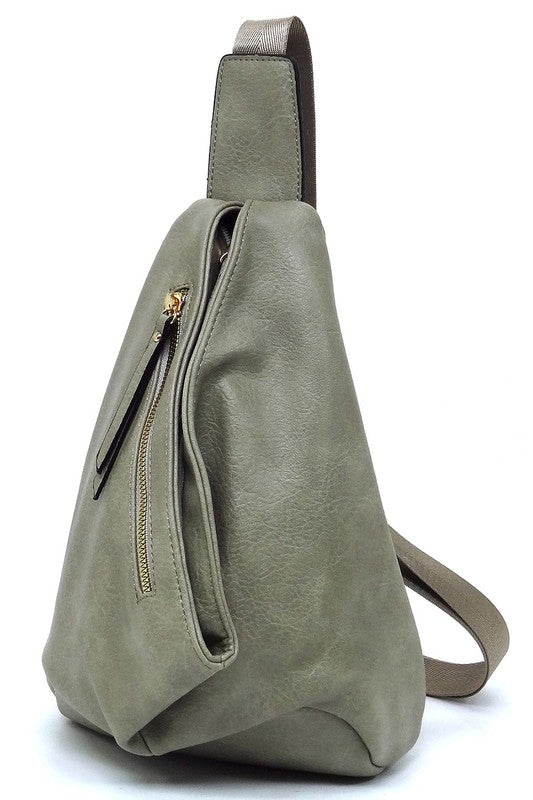 Sling Bag Backpack Faux Vegan Leather Zip Top Closure Adjustable Strap