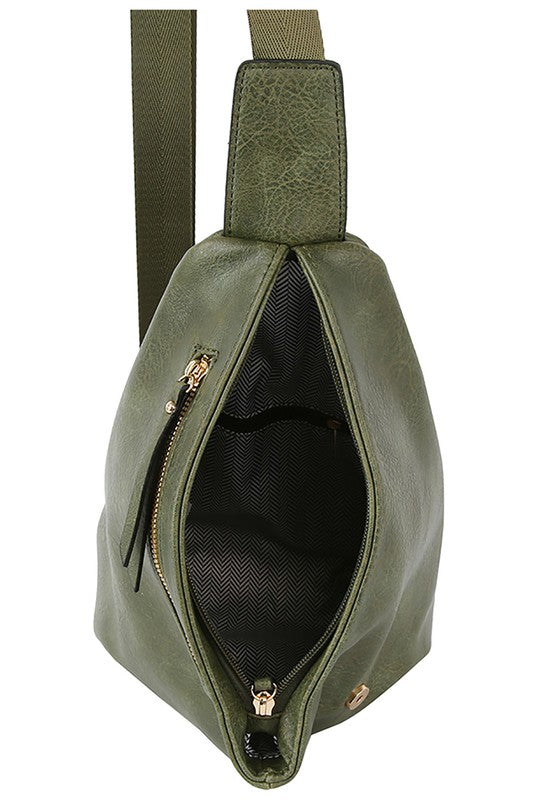 Sling Bag Backpack Faux Vegan Leather Zip Top Closure Adjustable Strap