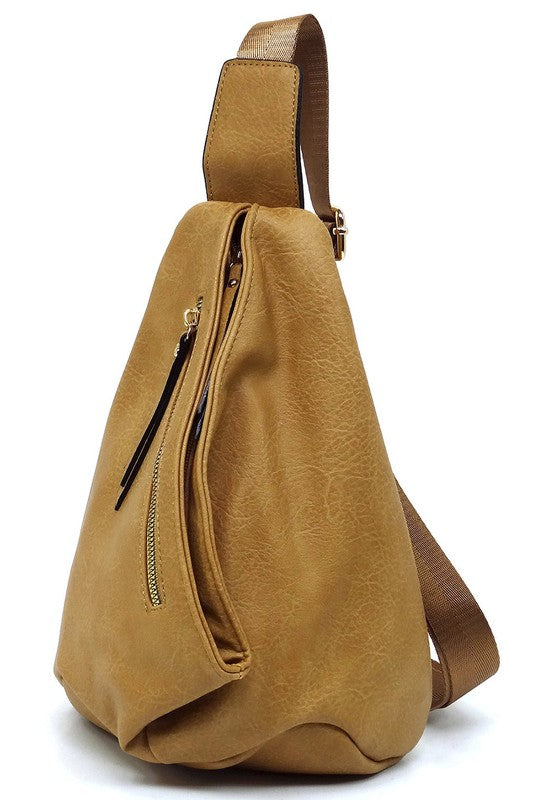Sling Bag Backpack Faux Vegan Leather Zip Top Closure Adjustable Strap