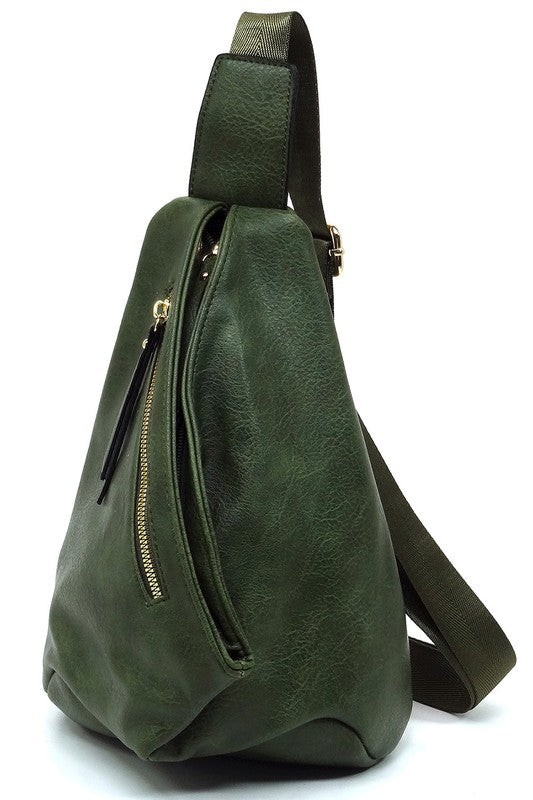 Sling Bag Backpack Faux Vegan Leather Zip Top Closure Adjustable Strap