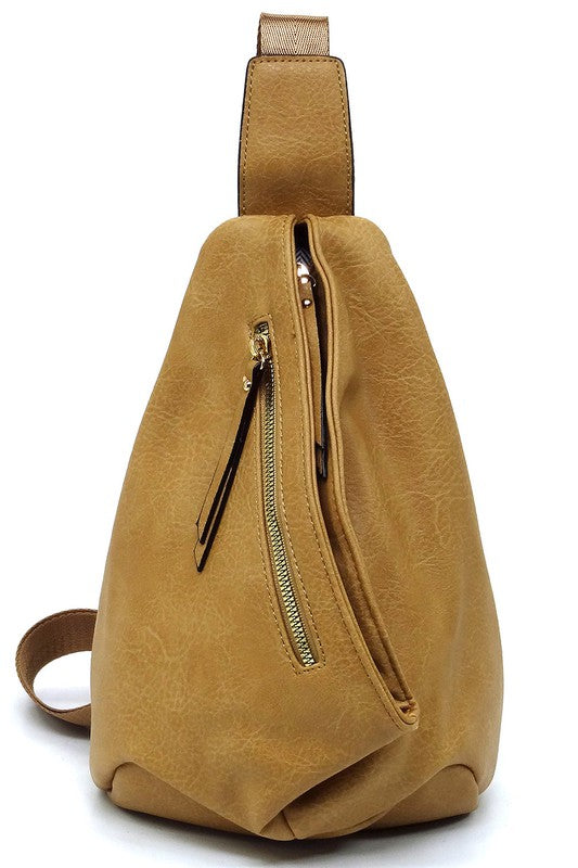 Sling Bag Backpack Faux Vegan Leather Zip Top Closure Adjustable Strap