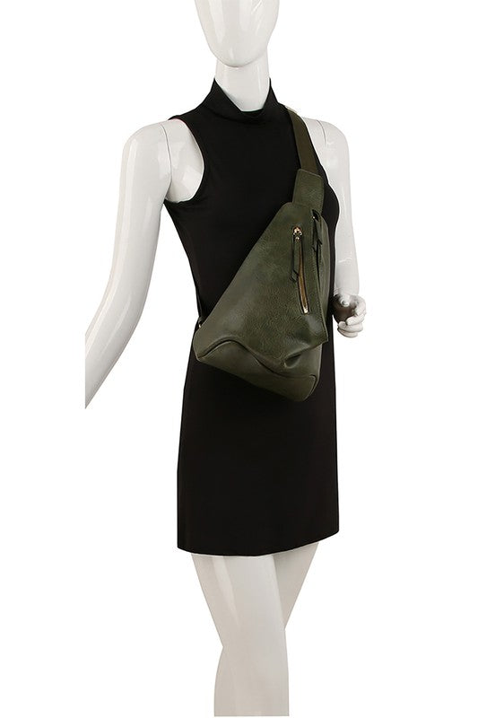 Sling Bag Backpack Faux Vegan Leather Zip Top Closure Adjustable Strap