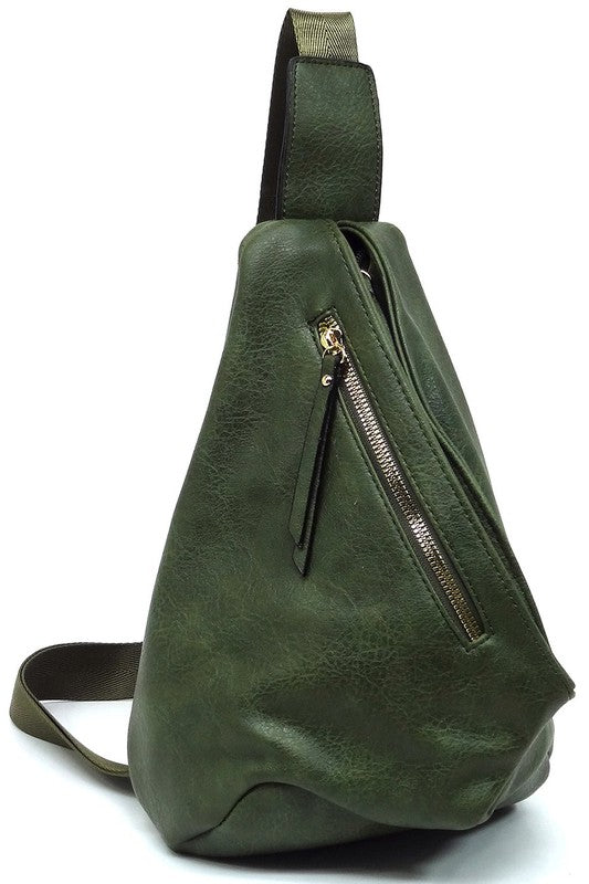 Sling Bag Backpack Faux Vegan Leather Zip Top Closure Adjustable Strap