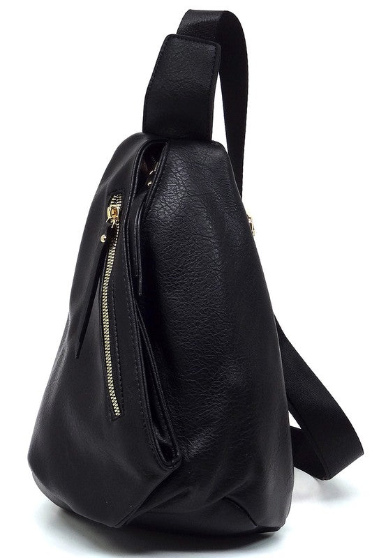 Sling Bag Backpack Faux Vegan Leather Zip Top Closure Adjustable Strap
