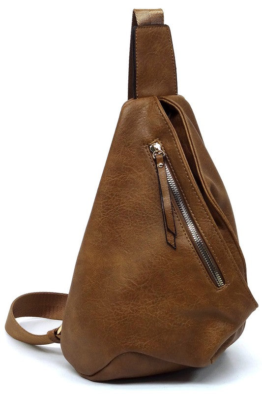 Sling Bag Backpack Faux Vegan Leather Zip Top Closure Adjustable Strap