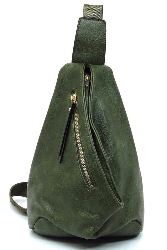 Sling Bag Backpack Faux Vegan Leather Zip Top Closure Adjustable Strap