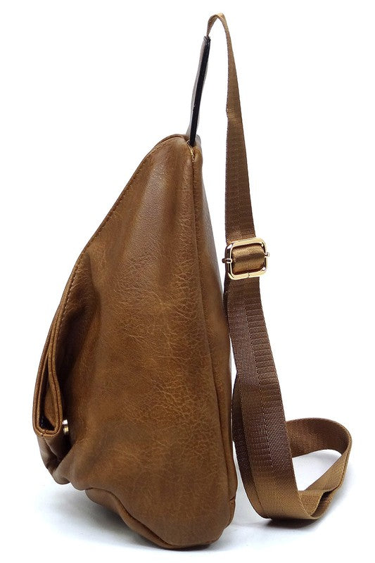 Sling Bag Backpack Faux Vegan Leather Zip Top Closure Adjustable Strap