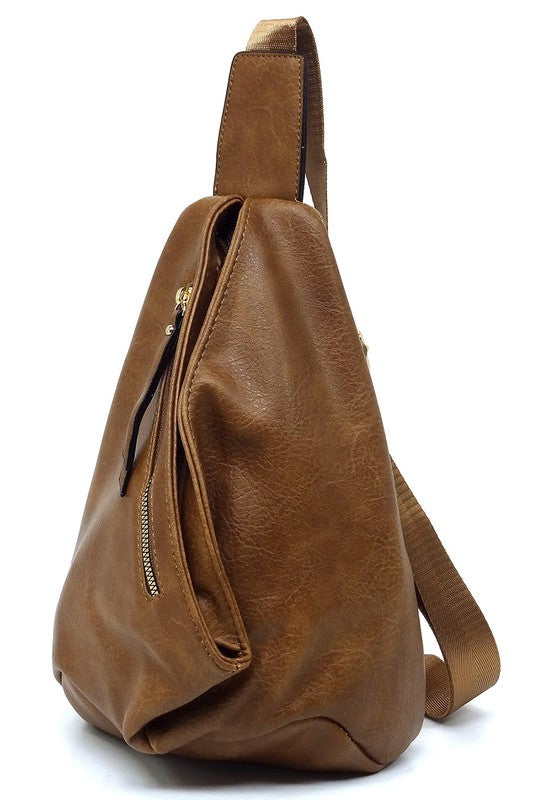 Sling Bag Backpack Faux Vegan Leather Zip Top Closure Adjustable Strap