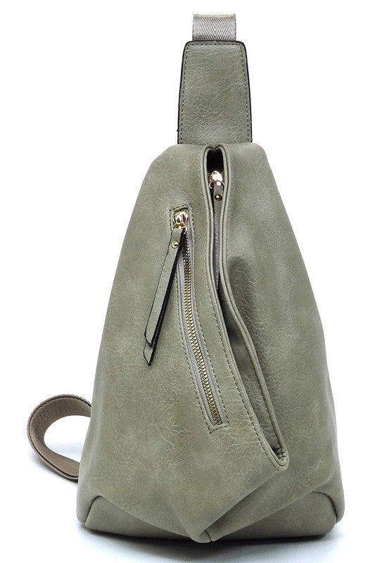 Sling Bag Backpack Faux Vegan Leather Zip Top Closure Adjustable Strap