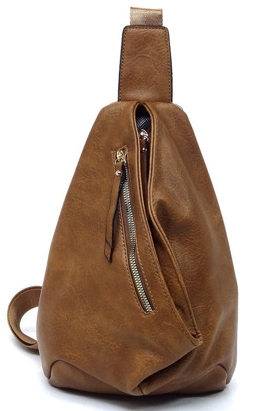 Sling Bag Backpack Faux Vegan Leather Zip Top Closure Adjustable Strap