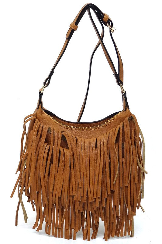Fringe Hobo Crossbody Bag Faux Vegan Leather Zip Top Adjustable Strap