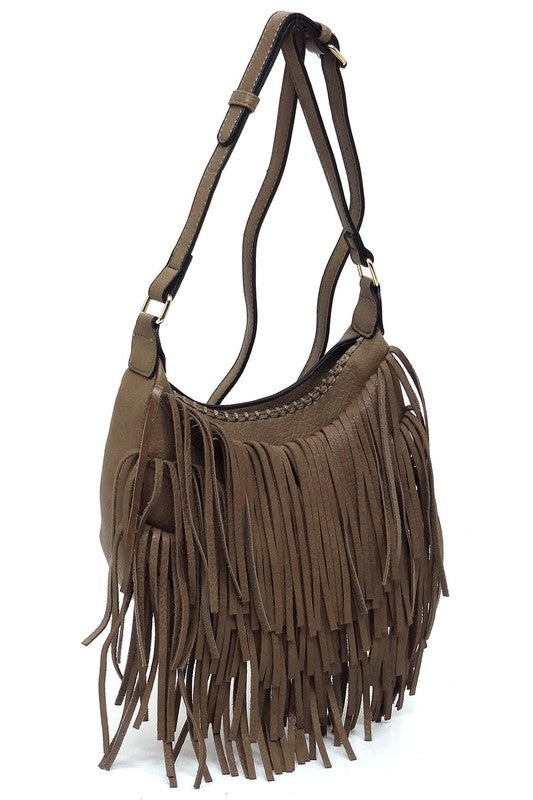 Fringe Hobo Crossbody Bag Faux Vegan Leather Zip Top Adjustable Strap